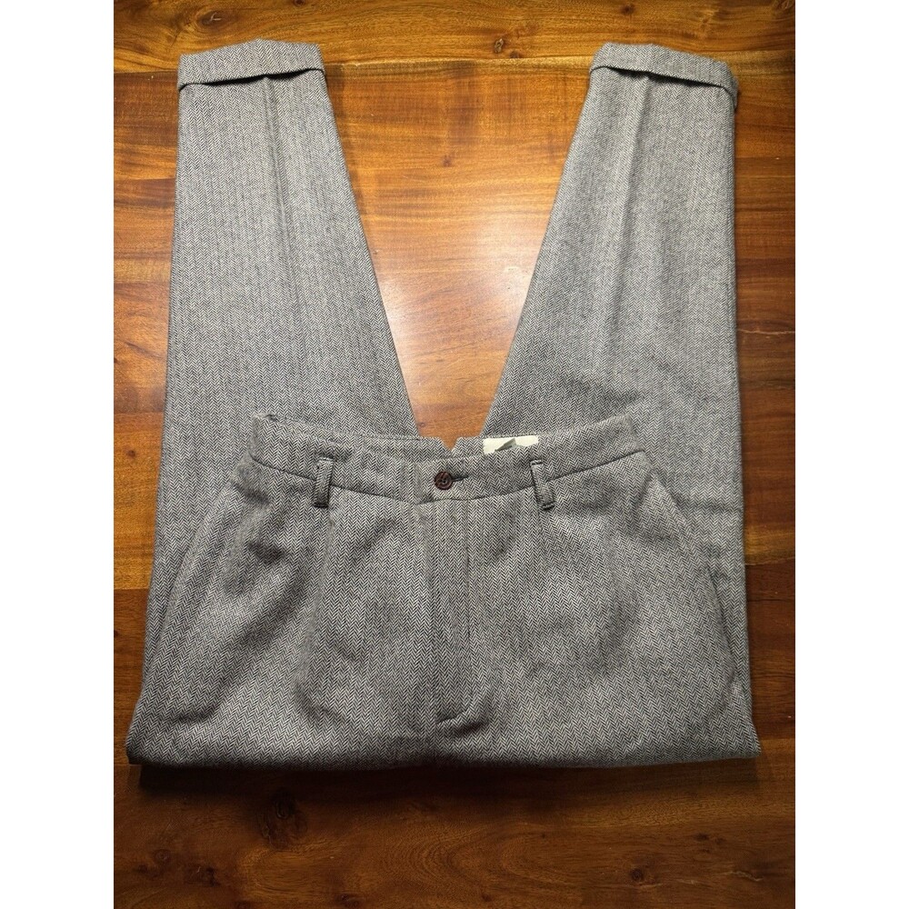 Vintage G.H. Bass Wool Herringbone Pleated Cuffed Trousers Pants Gray Size 12